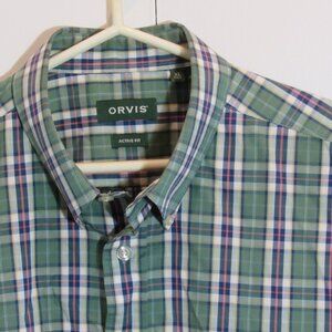 Orvis Mens XLT Cotton Blend Short Sleeve Checks Shirt Green Active Fit NWOT